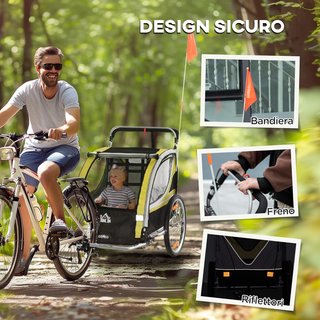 Remolque de Bicicleta para Niños y Cochecito, Diseño 2 en 1 con Freno, Cinturón de 5 Puntos, Carrito Remolque para Bicicleta con Bolsillos Laterales, Catadióptricos y Bandera