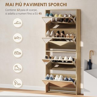 Zapatero Slim Con 4 Puertas Abatibles con Espejo, Zapatero de Entrada con Superficie Superior, Capacidad para 12 Pares de Zapatos en Madera con Asa, 63X17X146 Cm, Color Madera