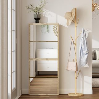 Zapatero Slim Con 4 Puertas Abatibles con Espejo, Zapatero de Entrada con Superficie Superior, Capacidad para 12 Pares de Zapatos en Madera con Asa, 63X17X146 Cm, Color Madera