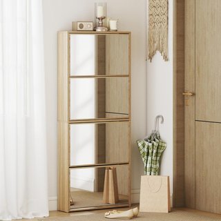 Zapatero Slim Con 4 Puertas Abatibles con Espejo, Zapatero de Entrada con Superficie Superior, Capacidad para 12 Pares de Zapatos en Madera con Asa, 63X17X146 Cm, Color Madera
