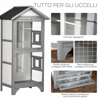 Gabbia per Uccelli da Esterno in Legno di Abete e Metallo, Voliera con 3 Aperture con Blocco, 4 Posatoi e Vassoio Rimovibile, 80.5X57X153 Cm, Grigio Chiaro