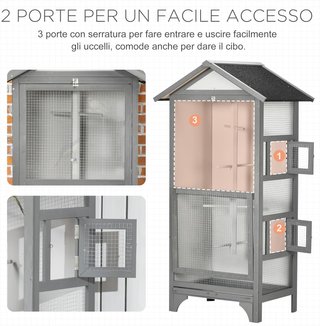 Gabbia per Uccelli da Esterno in Legno di Abete e Metallo, Voliera con 3 Aperture con Blocco, 4 Posatoi e Vassoio Rimovibile, 80.5X57X153 Cm, Grigio Chiaro