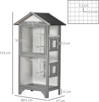 Gabbia per Uccelli da Esterno in Legno di Abete e Metallo, Voliera con 3 Aperture con Blocco, 4 Posatoi e Vassoio Rimovibile, 80.5X57X153 Cm, Grigio Chiaro