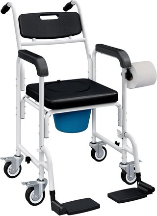 Silla de Ruedas Con WC Impermeable 4 en 1, Silla Cómoda WC para Ancianos y Discapacitados Con Ruedas, Freno y Porta Rollos, Carroza Silla de Ducha Baño Con Reposapiés Plegables y Apoyabrazos, Negro