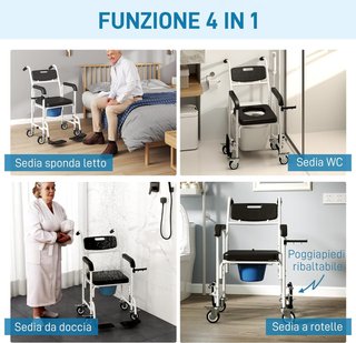 Silla de Ruedas Con WC Impermeable 4 en 1, Silla Cómoda WC para Ancianos y Discapacitados Con Ruedas, Freno y Porta Rollos, Carroza Silla de Ducha Baño Con Reposapiés Plegables y Apoyabrazos, Negro