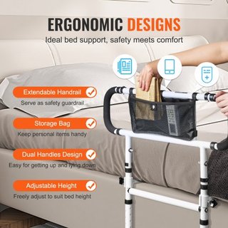 Ringhiere per Letto per Anziani, Ringhiere Ausiliarie Pieghevoli 180° per Anziani, Ringhiere Laterali per Letto con Carico di 204,12 kg, Bastoncino da Letto con Manico Regolabile