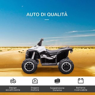 Quad Eléctrico para Niños 12V ATV, Coche Eléctrico Con Doble Motor Y 2 Velocidades, Ruedas Anchas Con Faros LED, Claxon Y Música, Edad 3-5 Años, Blanco