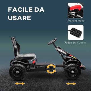 Go Kart para Niños de 5 a 12 Años, Kart a Pedales de Plástico y Metal con Asiento Regulable, Freno de Mano y Marcha Atrás, 121X58X61 Cm, Negro