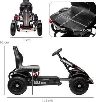 Go Kart para Niños de 5 a 12 Años, Kart a Pedales de Plástico y Metal con Asiento Regulable, Freno de Mano y Marcha Atrás, 121X58X61 Cm, Negro