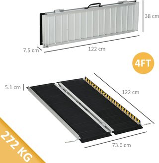 Rampa para Silla de Ruedas Plegable de Aleación de Aluminio, Rampa para Discapacitados con Deflectores y Adhesivos, 122x73.6x5.1 cm, Negro