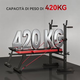 Panca da palestra multifunzionale con sedile, supporto per barra e schienale regolabili, panca pesi con stazione per esercizi a terra, estensione gambe, addominali, 2 bande, capacità 420 kg, allenamento completo