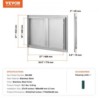 Puerta de Acceso para BBQ, Puerta Doble para Cocina Exterior de 774x532 mm, Puerta de Montaje Flush de Acero Inoxidable, Puerta Vertical de Pared con Mangos Rehundidos, para Isla de BBQ, Estación ...