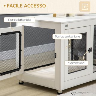 Jaula para Perros de Tamaño Grande Máx. 30 Kg para Interior, Caseta para Perros con 2 Puertas Bloqueables, Patas Regulables y Cojín Lavable, Acero y Madera, 94X60X71.5 Cm, Blanco