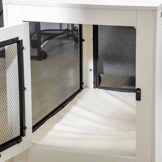 Jaula para Perros de Tamaño Grande Máx. 30 Kg para Interior, Caseta para Perros con 2 Puertas Bloqueables, Patas Regulables y Cojín Lavable, Acero y Madera, 94X60X71.5 Cm, Blanco