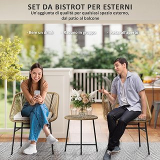 Set da Giardino 3 Pezzi in Rattan PE e Acciaio, 2 Sedie con Cuscini e Tavolo da Caffè Cilindrico con Piano in Vetro, Set di Mobili per Balcone, Patio e Giardino, Colore Legno