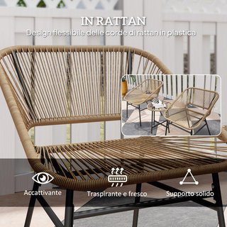 Set da Giardino 3 Pezzi in Rattan PE e Acciaio, 2 Sedie con Cuscini e Tavolo da Caffè Cilindrico con Piano in Vetro, Set di Mobili per Balcone, Patio e Giardino, Colore Legno