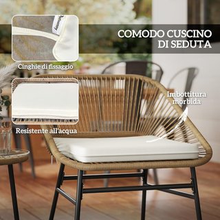 Set da Giardino 3 Pezzi in Rattan PE e Acciaio, 2 Sedie con Cuscini e Tavolo da Caffè Cilindrico con Piano in Vetro, Set di Mobili per Balcone, Patio e Giardino, Colore Legno