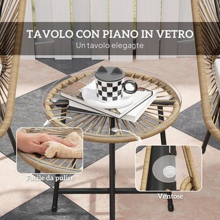 Set da Giardino 3 Pezzi in Rattan PE e Acciaio, 2 Sedie con Cuscini e Tavolo da Caffè Cilindrico con Piano in Vetro, Set di Mobili per Balcone, Patio e Giardino, Colore Legno