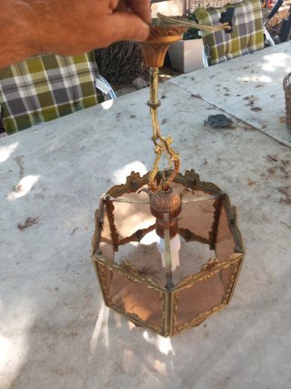 Lámpara colgante antigua de bronce y cristal