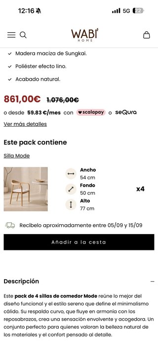 Pack 4 Sillas Wabi Home Madera Sungkai
