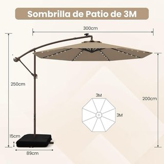 Sombrilla de Exterior con Base y Luces LED 3x3M