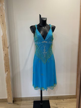 Vestido fiesta azul y verde con pedrería