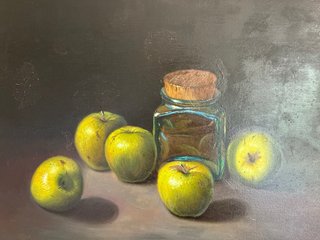 Cuadro de manzanas y frasco pintado a mano