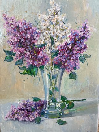 Cuadro de flores lilas y blancas