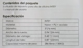 Ruedas Silla Oficina INTEY 11mm (5 uds)