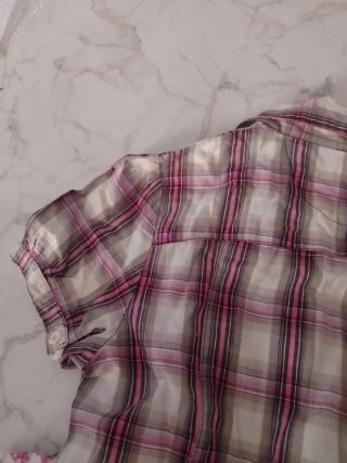 Camicia lunga a quadri rosa e beige
