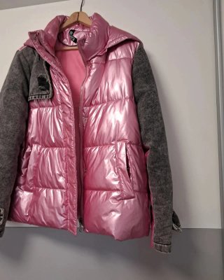 Abrigo plumas rosa y gris