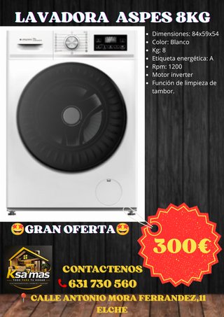 Lavadora Aspes 8kg Blanca