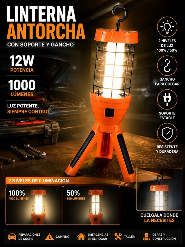 Linterna Antorcha LED Recargable 12W 1000 Lúmenes