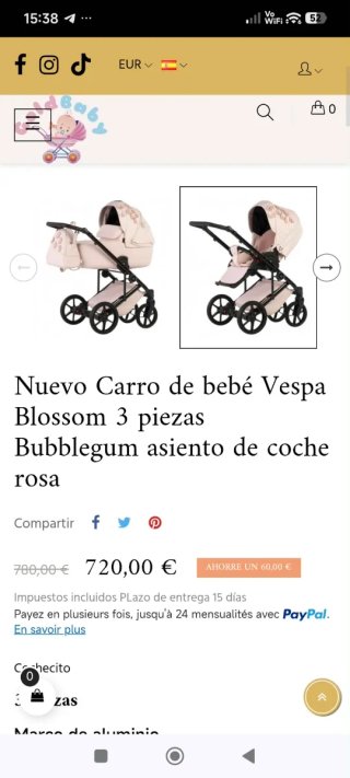 Carrito de bebé 2 piezas rosa.