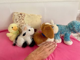 Lote de 4 peluches infantiles y cojín bebe