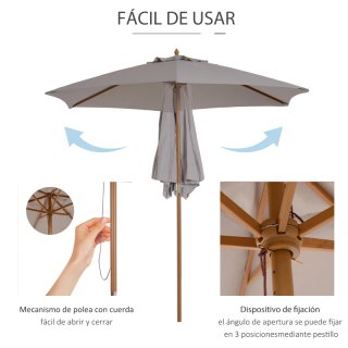 Sombrilla Jardín Madera y Tela Ø250x230cm
