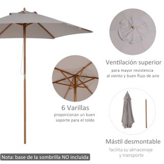Sombrilla Jardín Madera y Tela Ø250x230cm