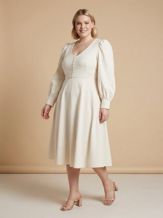 Vestido Formal Blanco Manga Campana