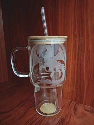 Vaso cristal dragón bambú tapa y pajita