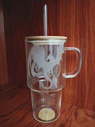 Vaso cristal dragón bambú tapa y pajita