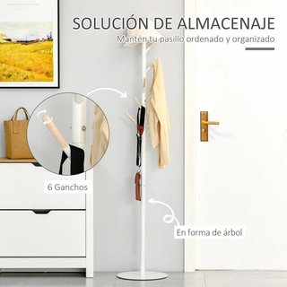 Perchero Pie Madera 6 Ganchos Blanco 174cm