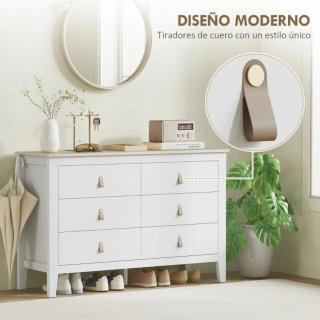 Cómoda blanca y madera con tiradores cuero