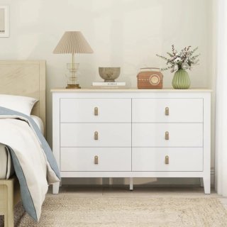 Cómoda blanca y madera con tiradores cuero