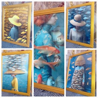 Cuadros dorados mujeres con peces