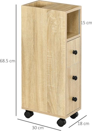 Armario De Baño De Columna, Mueble De Baño Con 4 Ruedas, 1 Cajón 1 Armario Con Puerta 2 Estantes Abiertos, Color Roble, 18X30X68.5 Cm
