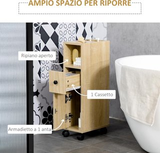 Armario De Baño De Columna, Mueble De Baño Con 4 Ruedas, 1 Cajón 1 Armario Con Puerta 2 Estantes Abiertos, Color Roble, 18X30X68.5 Cm
