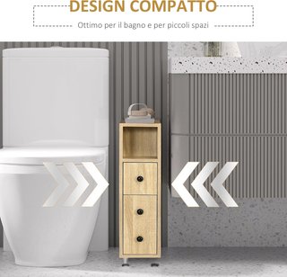 Armario De Baño De Columna, Mueble De Baño Con 4 Ruedas, 1 Cajón 1 Armario Con Puerta 2 Estantes Abiertos, Color Roble, 18X30X68.5 Cm