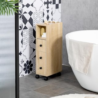 Armario De Baño De Columna, Mueble De Baño Con 4 Ruedas, 1 Cajón 1 Armario Con Puerta 2 Estantes Abiertos, Color Roble, 18X30X68.5 Cm