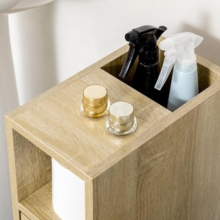 Armario De Baño De Columna, Mueble De Baño Con 4 Ruedas, 1 Cajón 1 Armario Con Puerta 2 Estantes Abiertos, Color Roble, 18X30X68.5 Cm