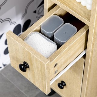 Armario De Baño De Columna, Mueble De Baño Con 4 Ruedas, 1 Cajón 1 Armario Con Puerta 2 Estantes Abiertos, Color Roble, 18X30X68.5 Cm